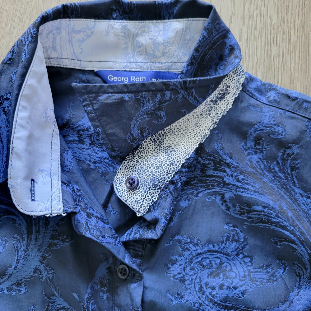 GEORG ROTH Arsty Paisley Print Sequin Women's Blue Button Down Tunic Shirt Sz XS